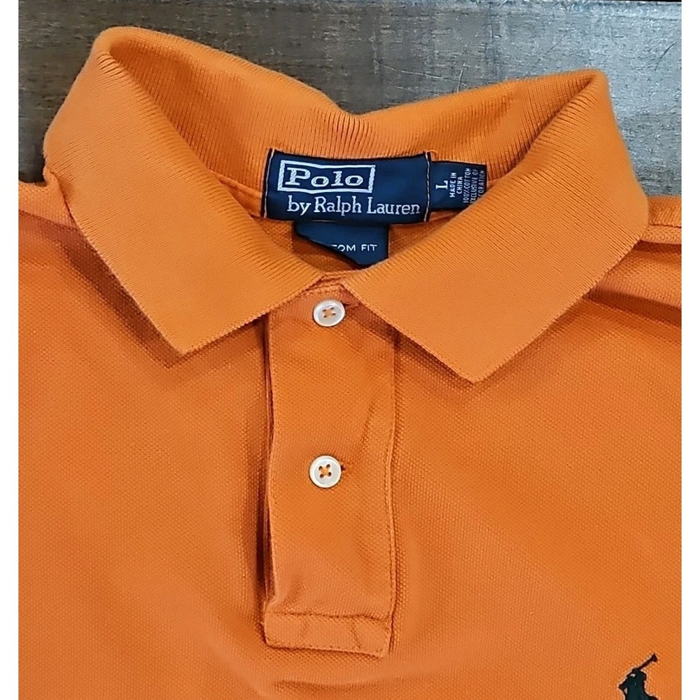 Polo Ralph Lauren Mens Custom Fit Polo Shirt Olive ORANGE Black Pony Size L - Picture 5 of 12
